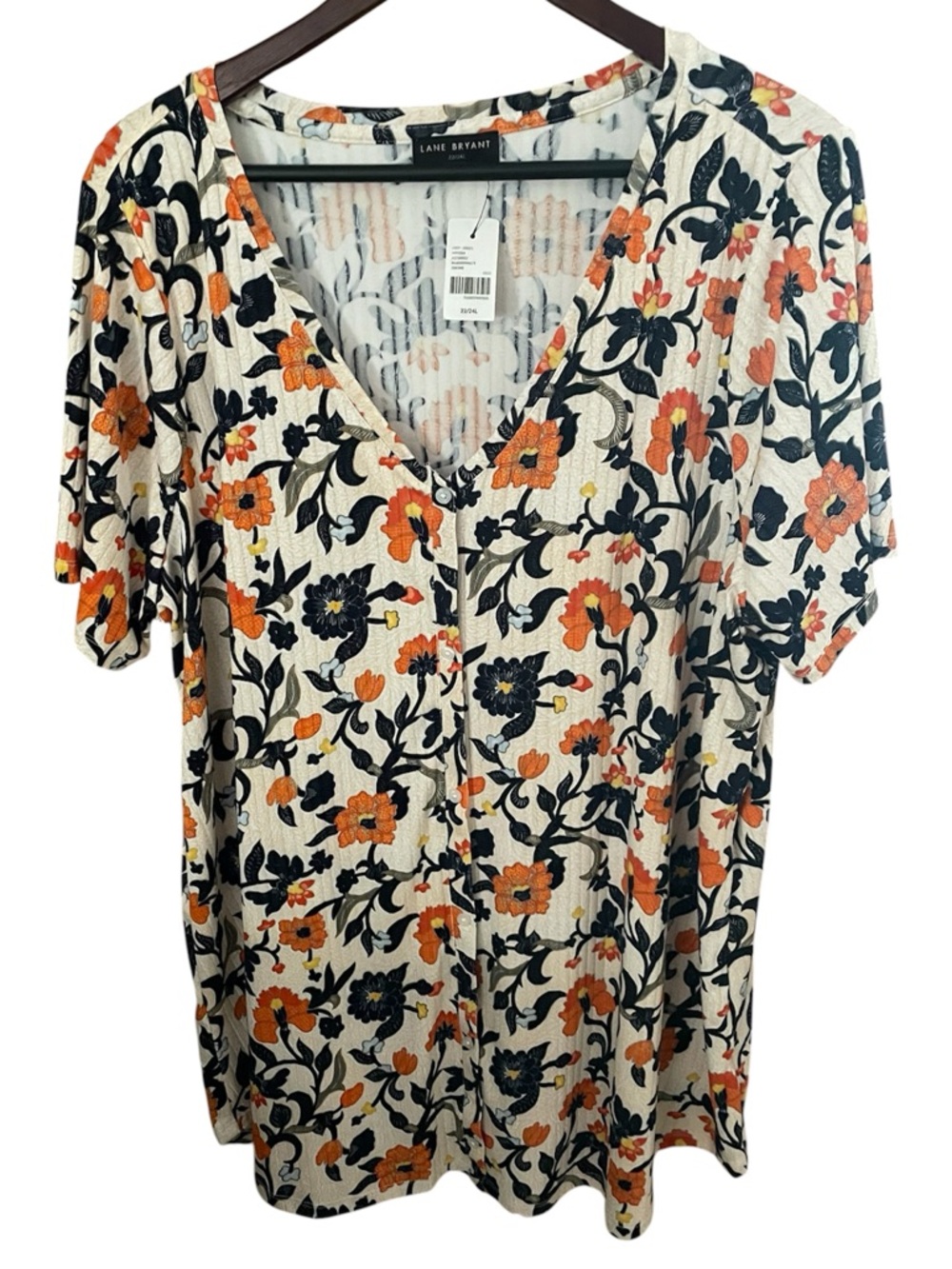 Women’s Lane Bryant Floral V-Neck Button Top - Orange & Navy Plus 22W with tags